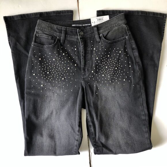 INC Denim Jeans Women's High Rise Flare Black Wash Rhinestones Studded at front - Picture 4 of 16